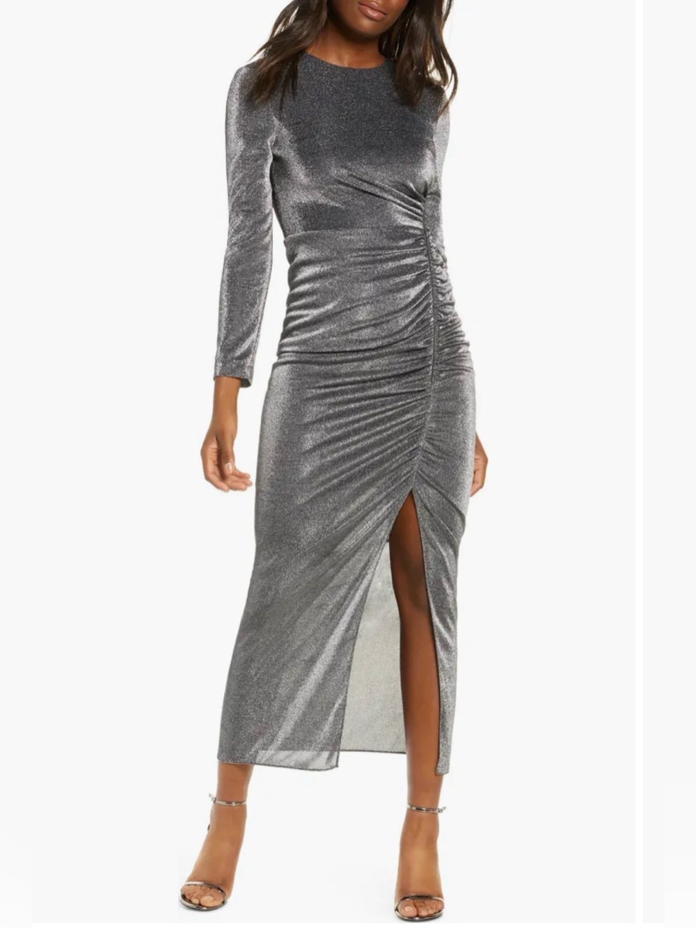 Vince Camuto Long Sleeve Ruched Metallic Midi Dress Size 8